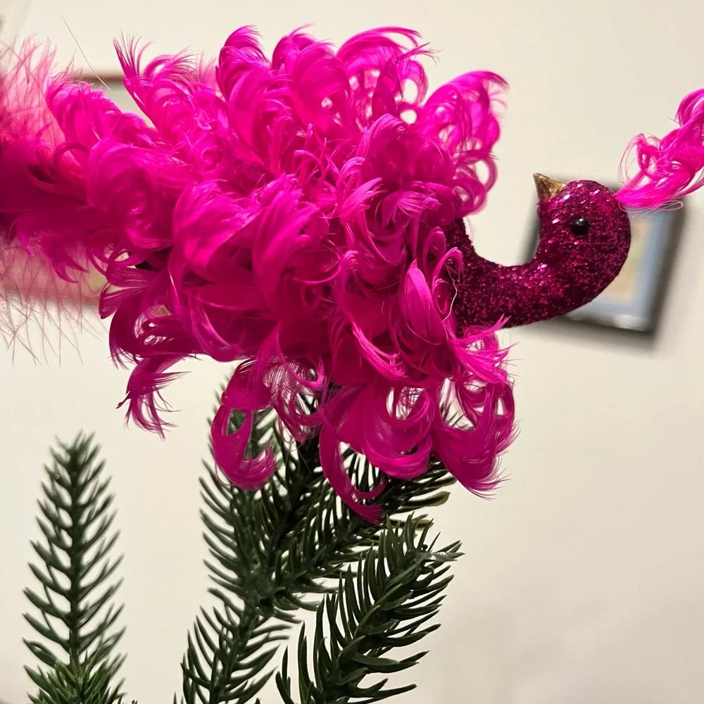 Pier 1 Imports Pink Feathered Clip On Bird Ornament Peacock Glitter